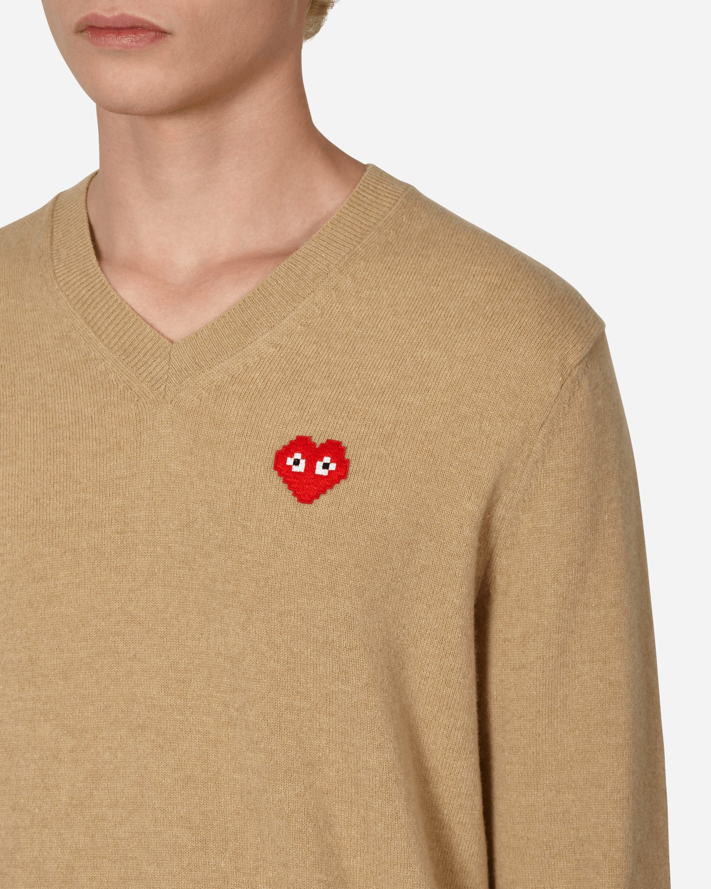 Comme Des Garçons Play Small Heart Vneck Knitwear Camel Knitwears Sweaters P1N082 1